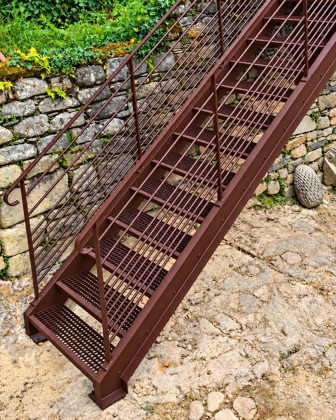 Détail de l'escalier métallique brun : marches en caillebotis et garde-corps à barres fines, devant un muret de pierres sèches.