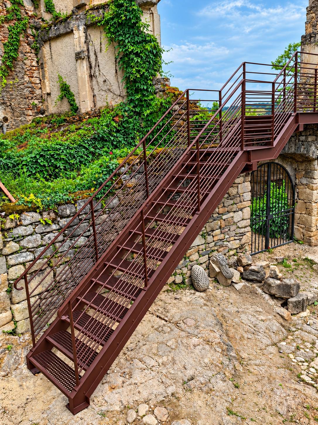 Un escalier métallique brun à marches ajourées et garde-corps à barres fines monte vers une plateforme, au milieu de vieux murs en pierre couverts de végétation.