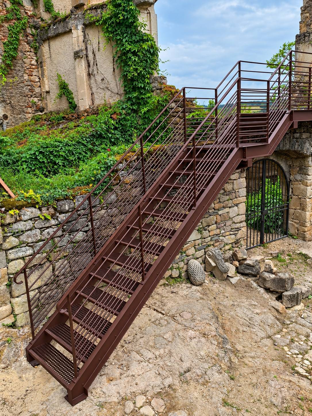 Un escalier métallique brun à marches ajourées et garde-corps à barres fines monte vers une plateforme, au milieu de vieux murs en pierre couverts de végétation.