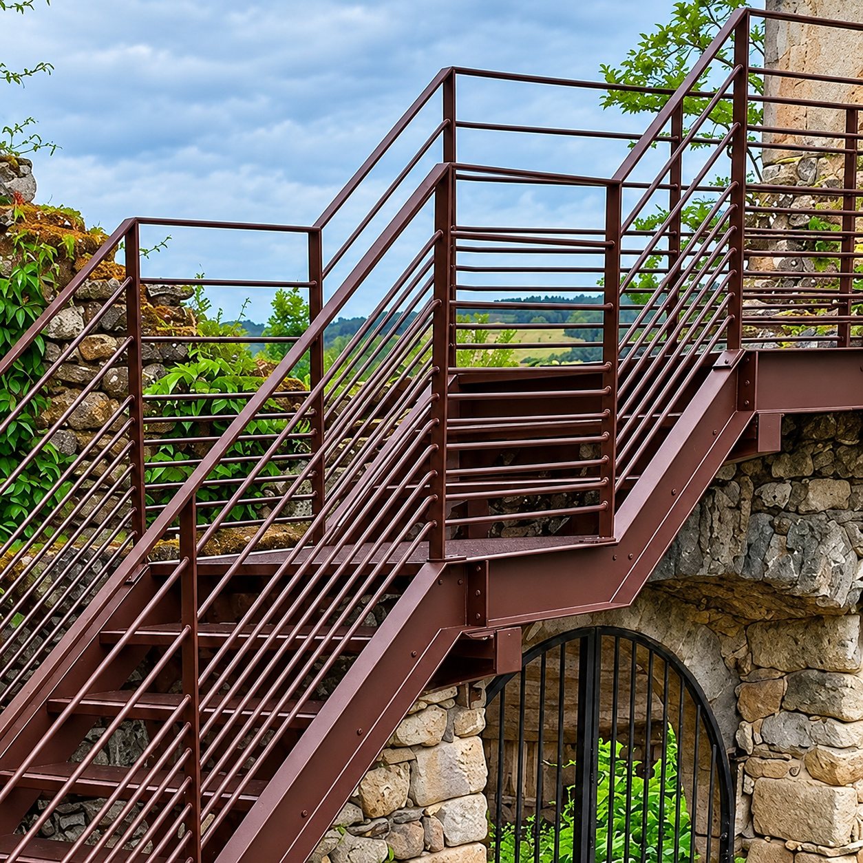 Garde-corps métalliques bruns à barres horizontales le long de l'escalier et de sa plateforme, avec le ciel et la campagne en arrière-plan.