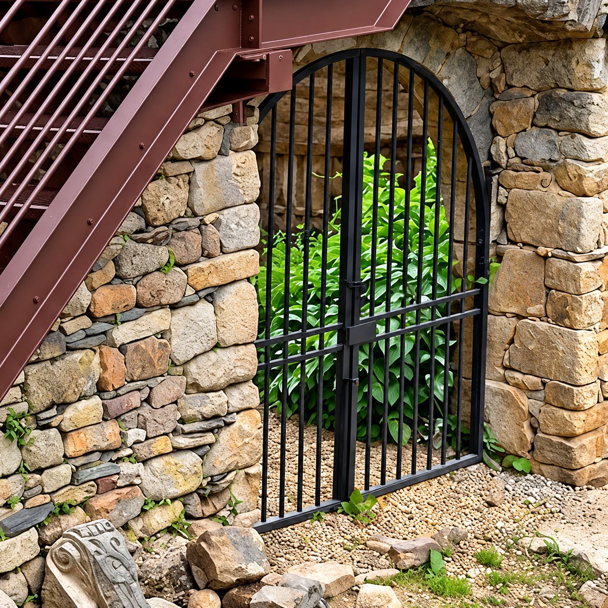 Portail en fer forgé noir à barreaux verticaux et à sommet en arc, dans un mur de pierre, sous la structure de l'escalier métallique brun.